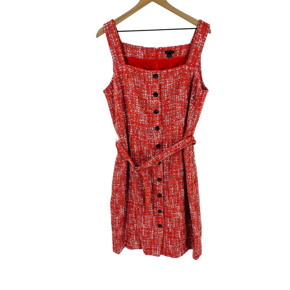 Ann Taylor Orange Tweed Button Front Dress Size 14 Belted Boucle Preppy Tailored